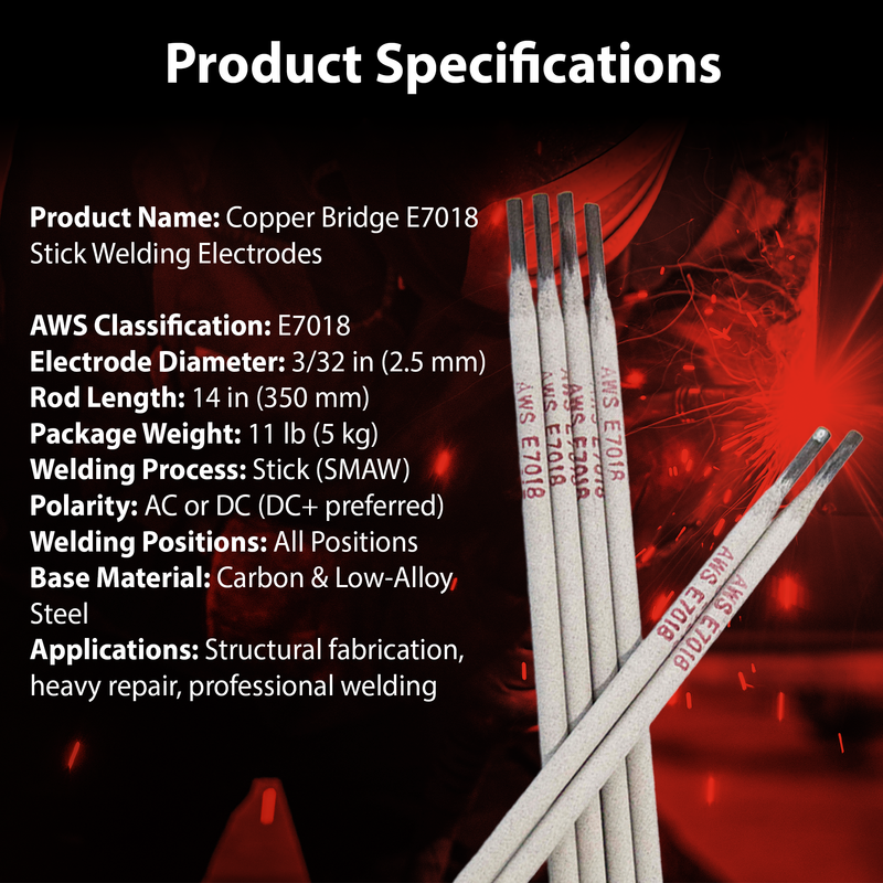 Copper Bridge E7018 Stick Welding Electrodes – 3/32” – 11 lb Box