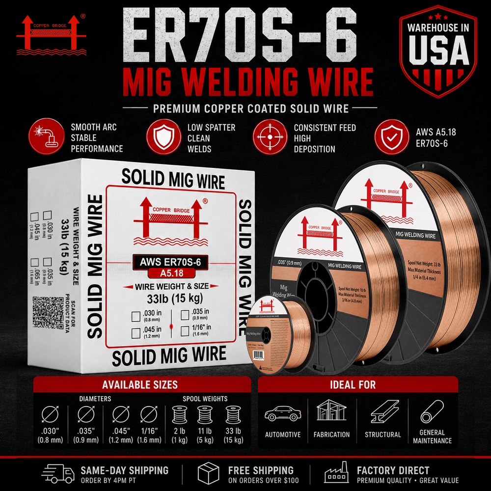 AWS ER70S-6 .030 in (0.8 mm) 11 lb (5 kg) Spool Solid MIG Wire – High Deoxidizer, Smooth Arc, Mild Steel, DCEP
